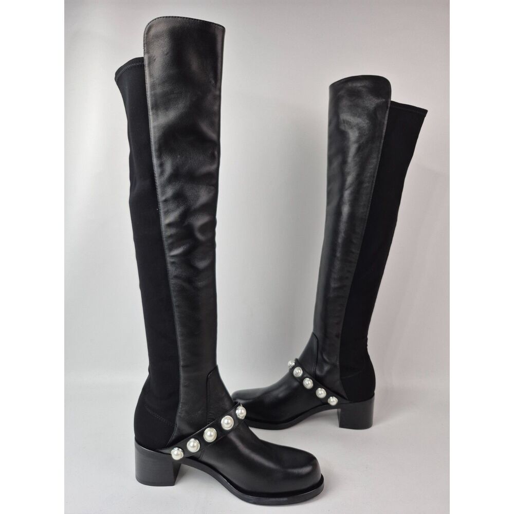 Stuart Weitzman Women's Black Portia 5050 Studded Pearl Boots Size 7.5 B - Picture 3 of 7